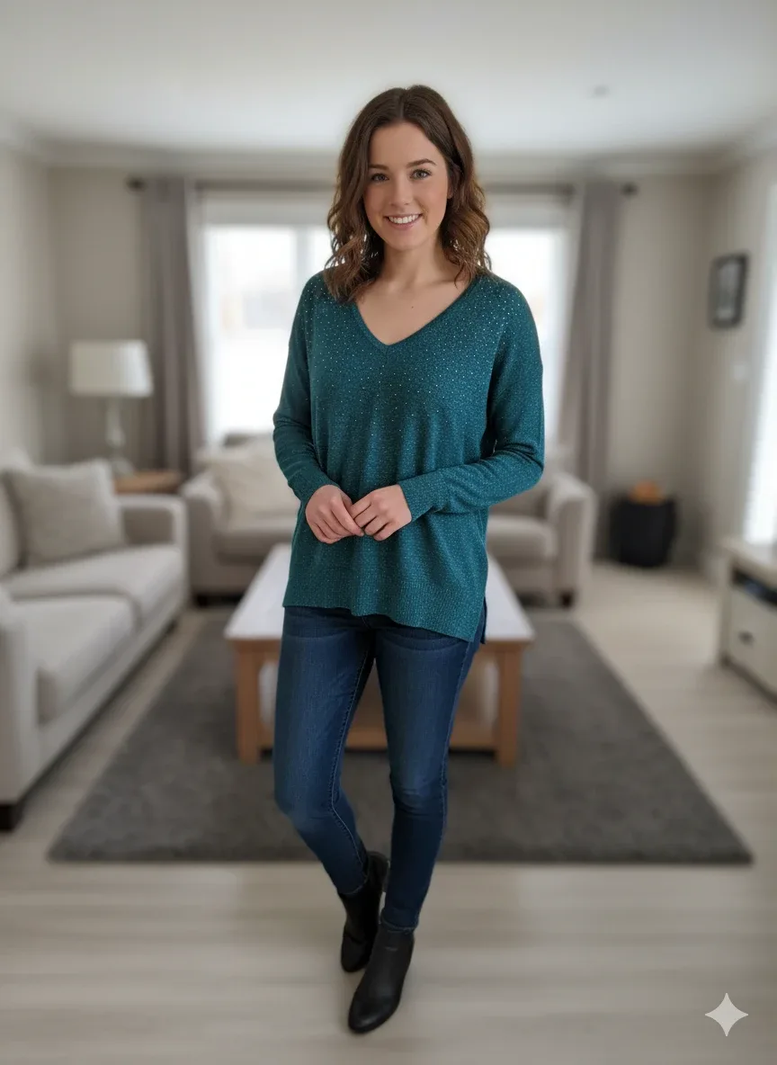Teal V-Neck Embellished Top (Size 16) thumbnail