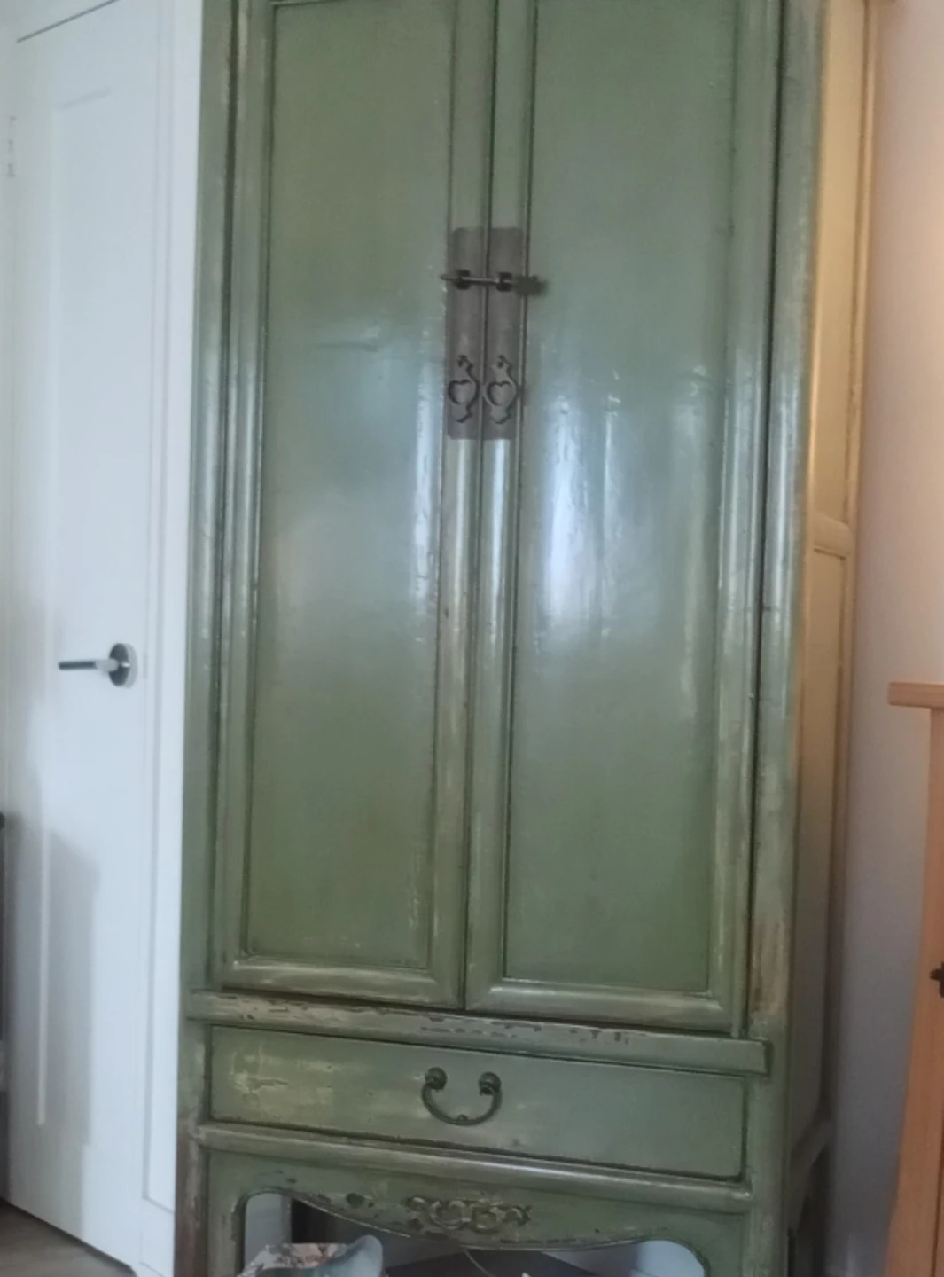 19th century moss green distressed armoire,