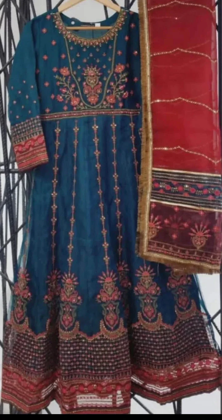 Teal & Red Embroidered Anarkali Dress