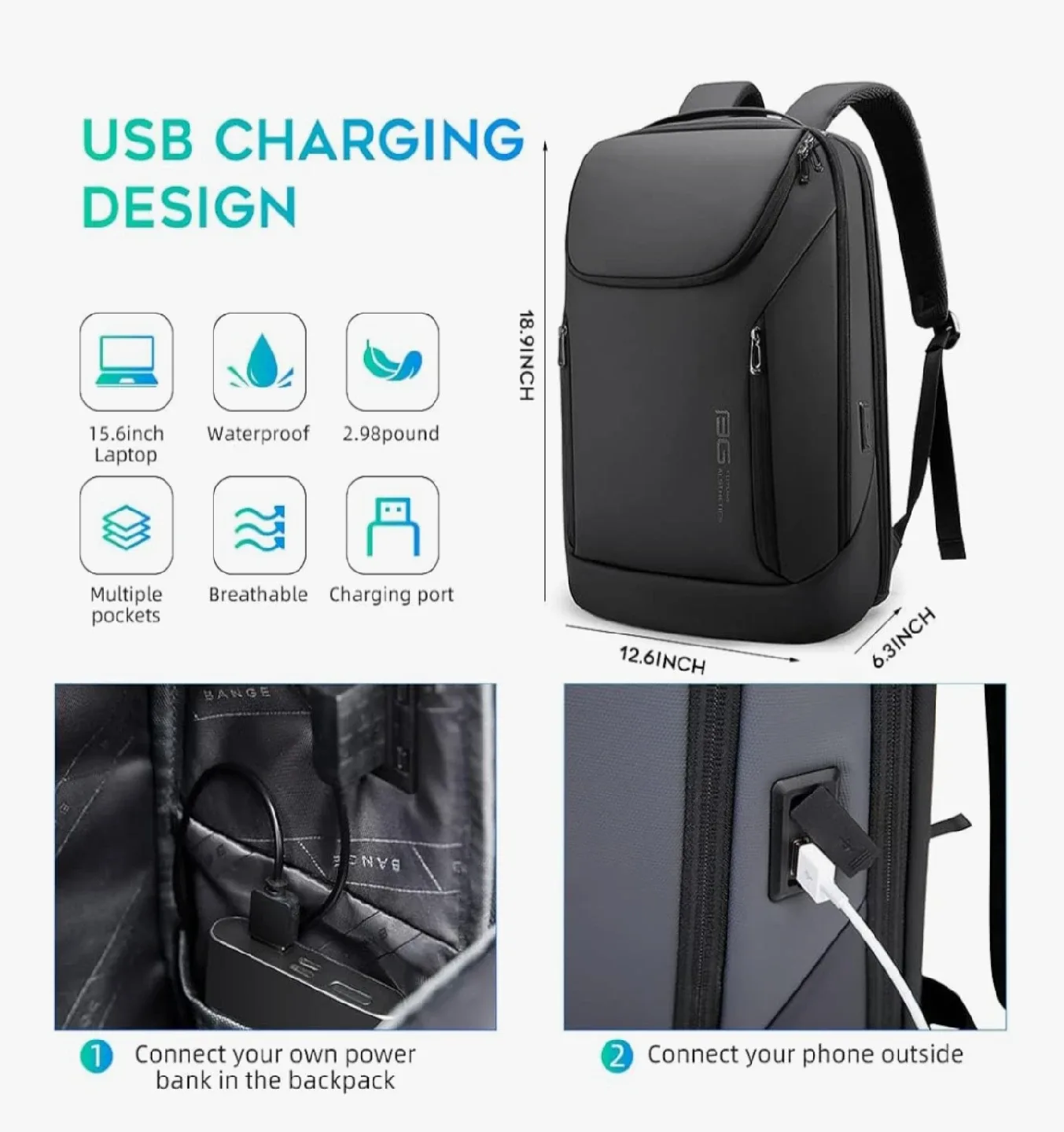 BANGE Business Smart 15.6" Laptop Backpack - Black thumbnail
