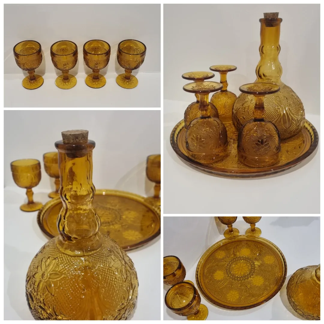 Vintage Amber Glass Decanter Set