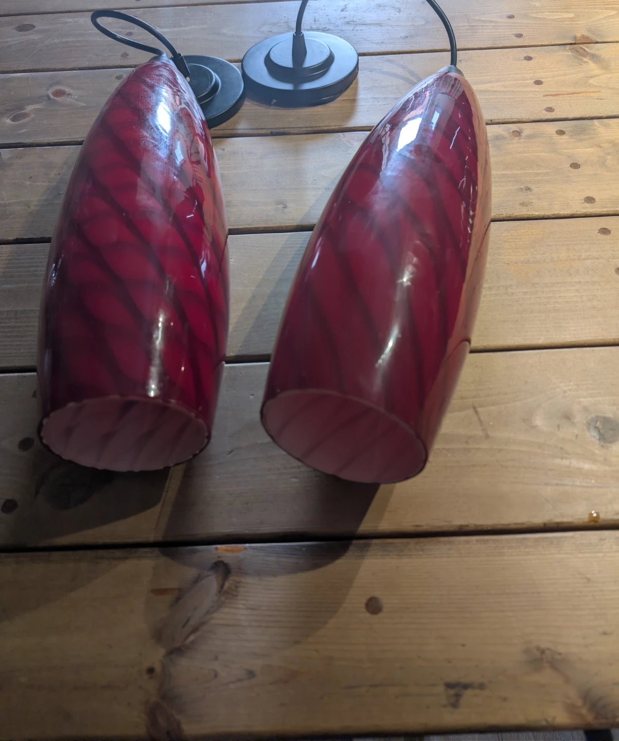 Pair of Red Swirl Glass Pendant Lights