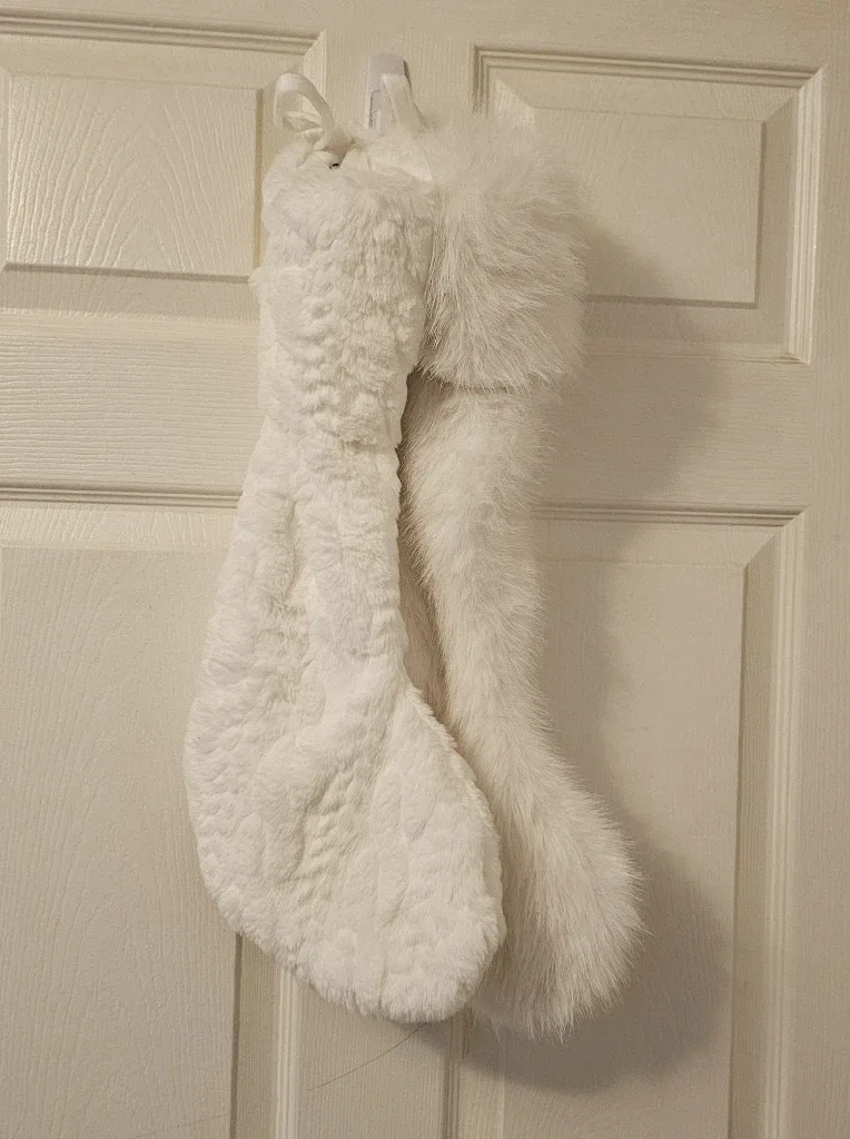 2 White Martha Stewart Faux Fur Christmas Stockings