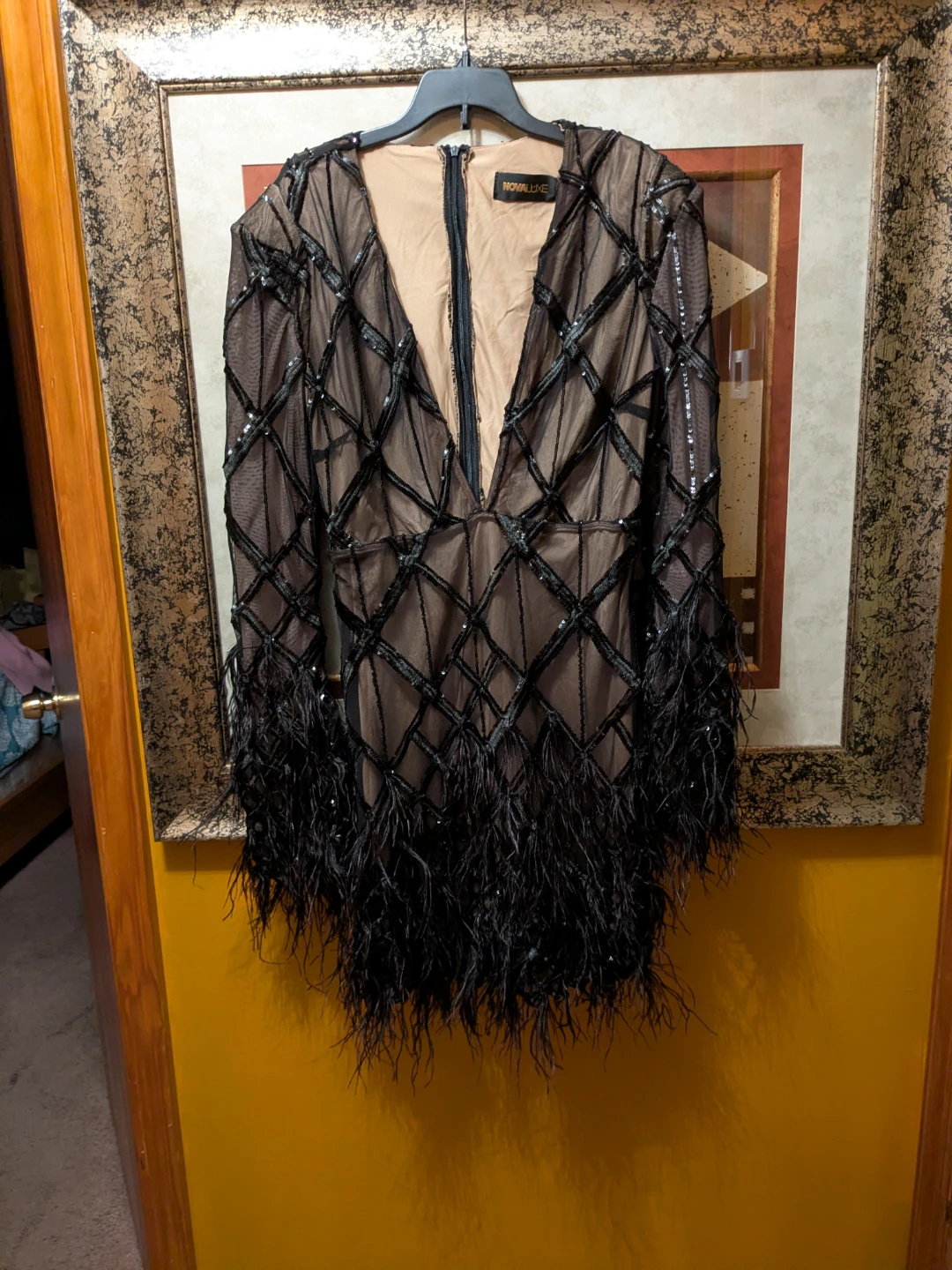 NovaLuxe Black Beaded Mesh & Feather Mini Dress