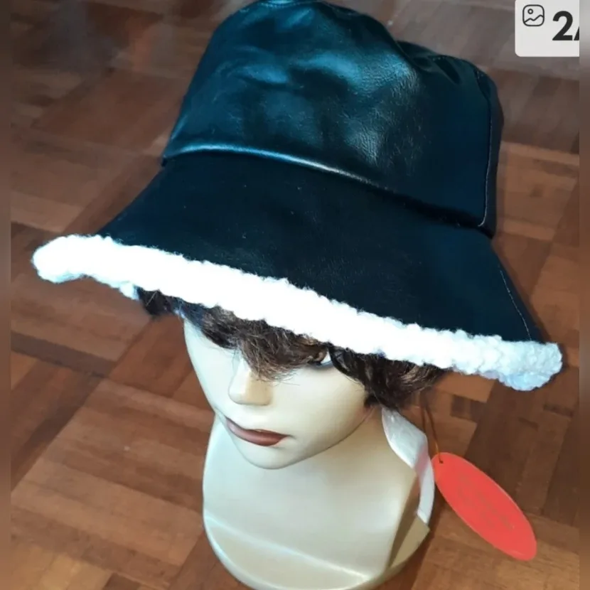 Black Faux Leather Bucket Hat with White Trim image indicator(2)