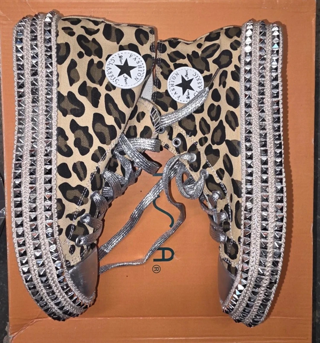 Leopard Print Studded High-Top Sneakers