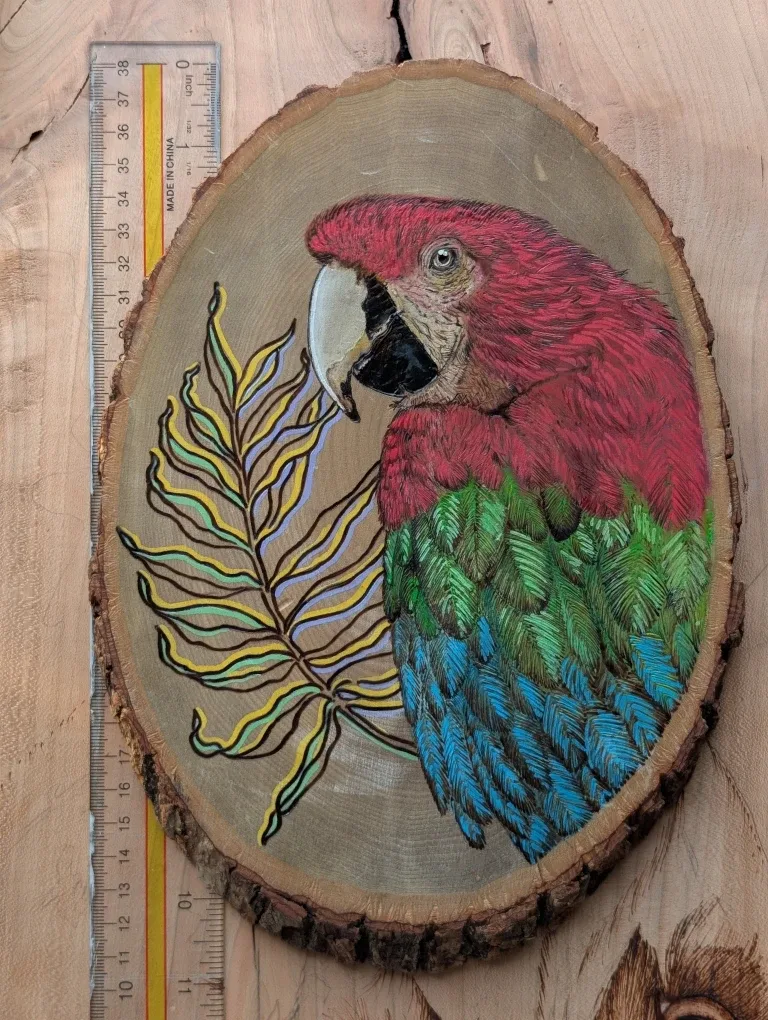 Hand-Burned Macaw on Basswood in Metal Cage image indicator(2)