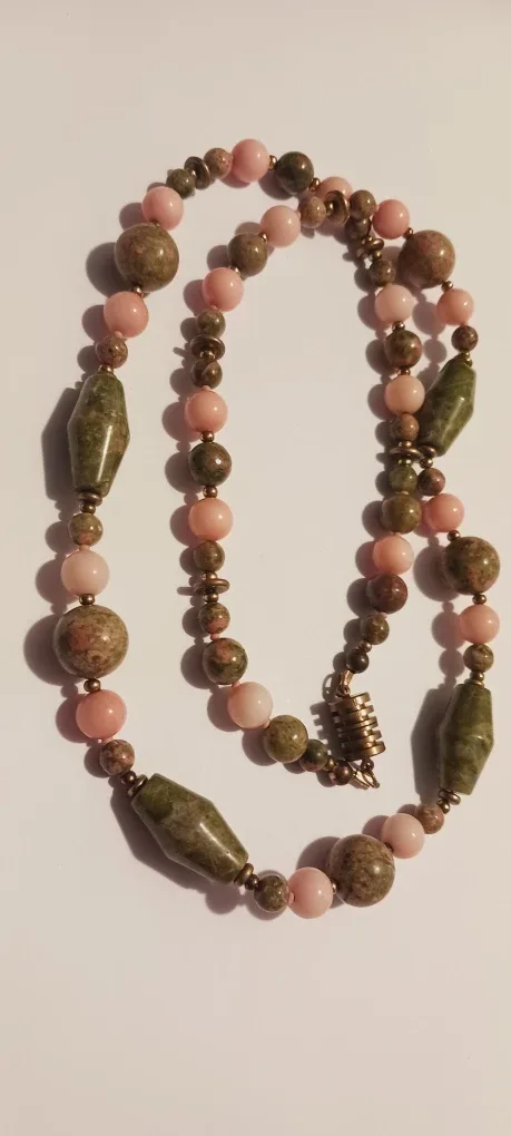 Genuine Unakite Stone & Angel Skin Coral Beaded Necklace image indicator(3)