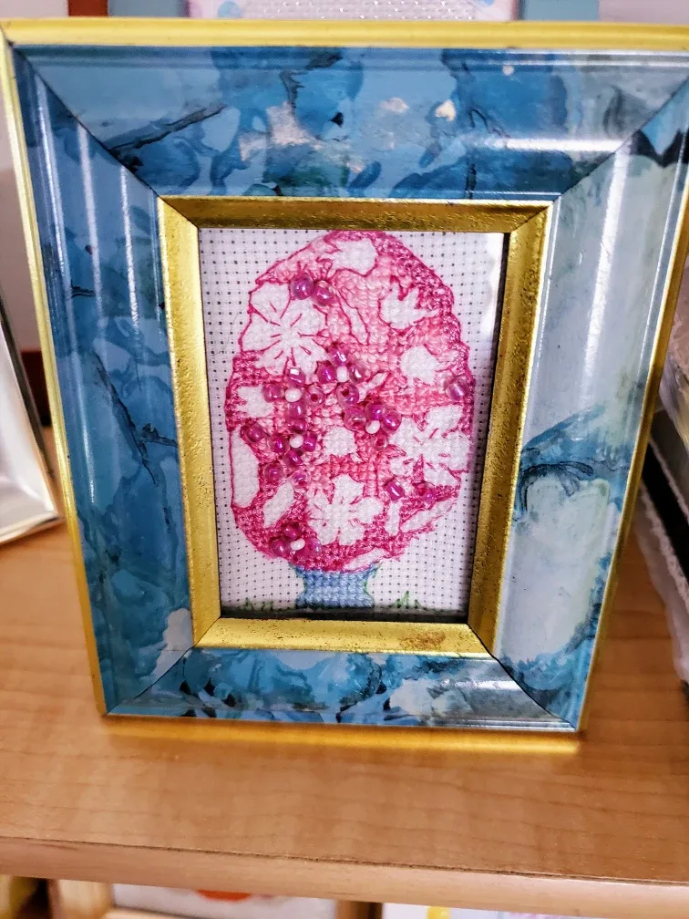 Framed Needlepoint Art beaded egg in vintage frame