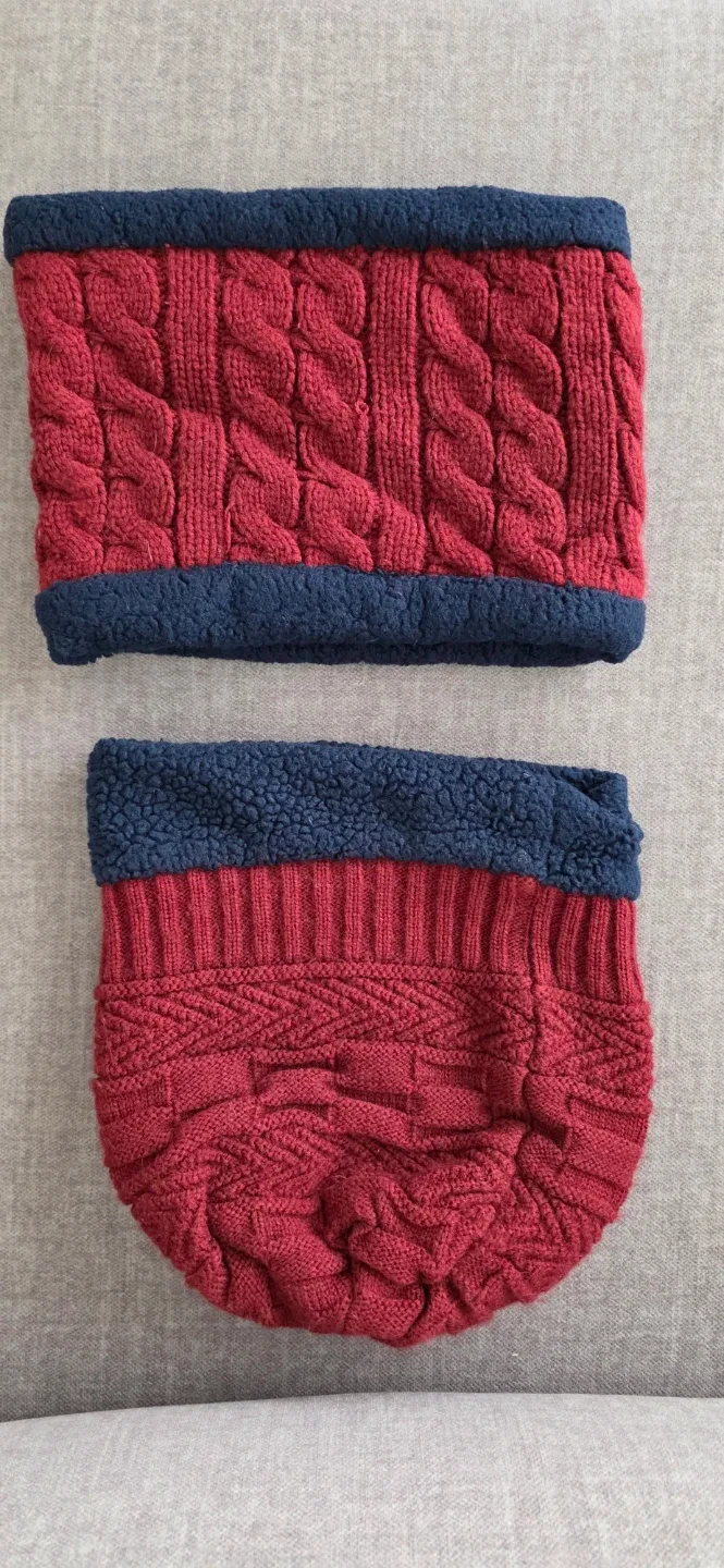 Red & Navy Knit Hat and Neck Warmer Set thumbnail