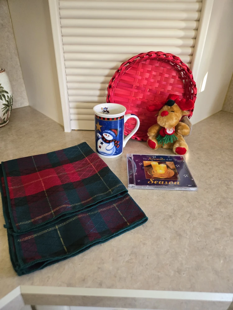 Christmas Plush Reindeer, 2 plaid napkins, CD, Mug