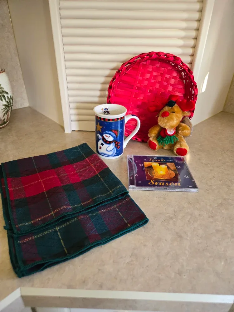 Christmas Plush Reindeer, 2 plaid napkins, CD, Mug