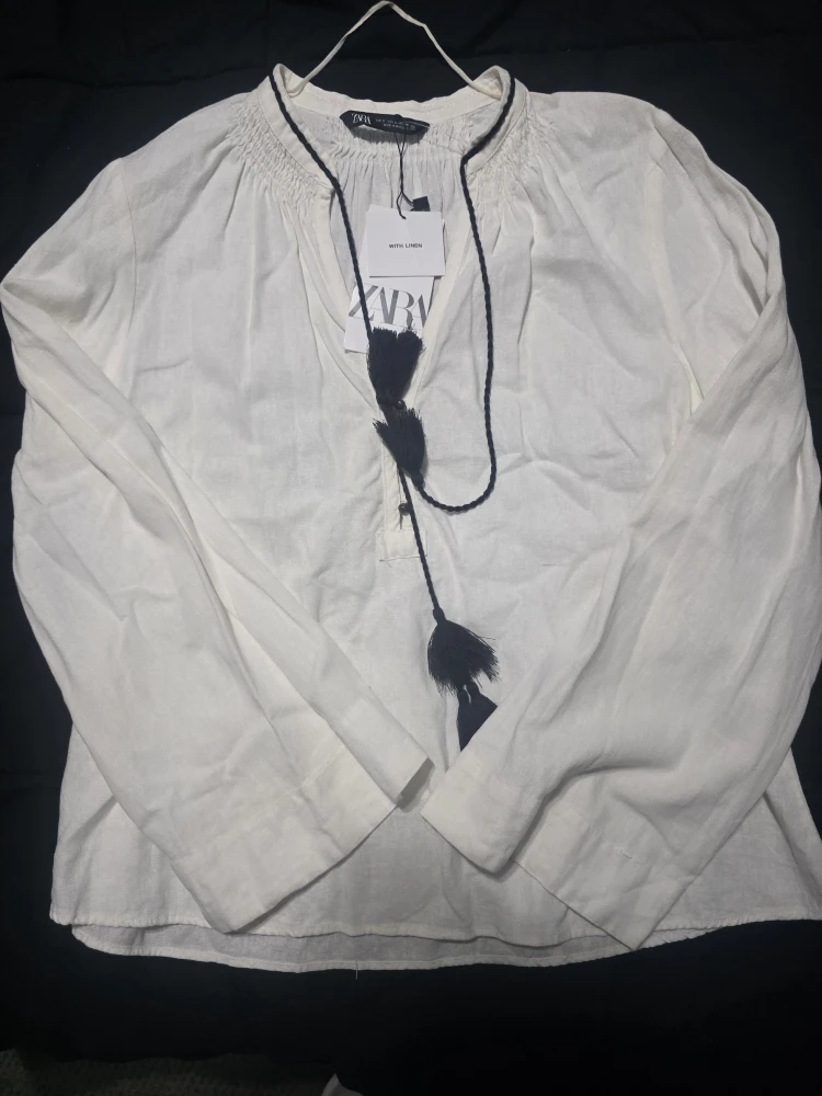 Zara White Linen Tassel Blouse - Size S