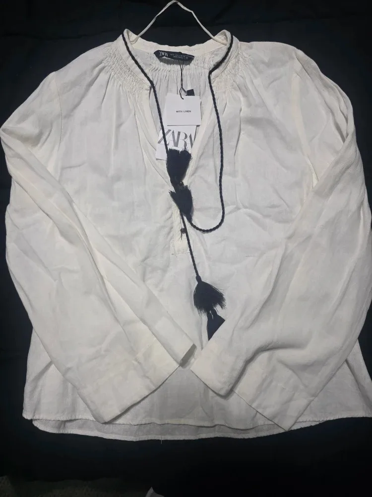 Zara White Linen Tassel Blouse - Size S