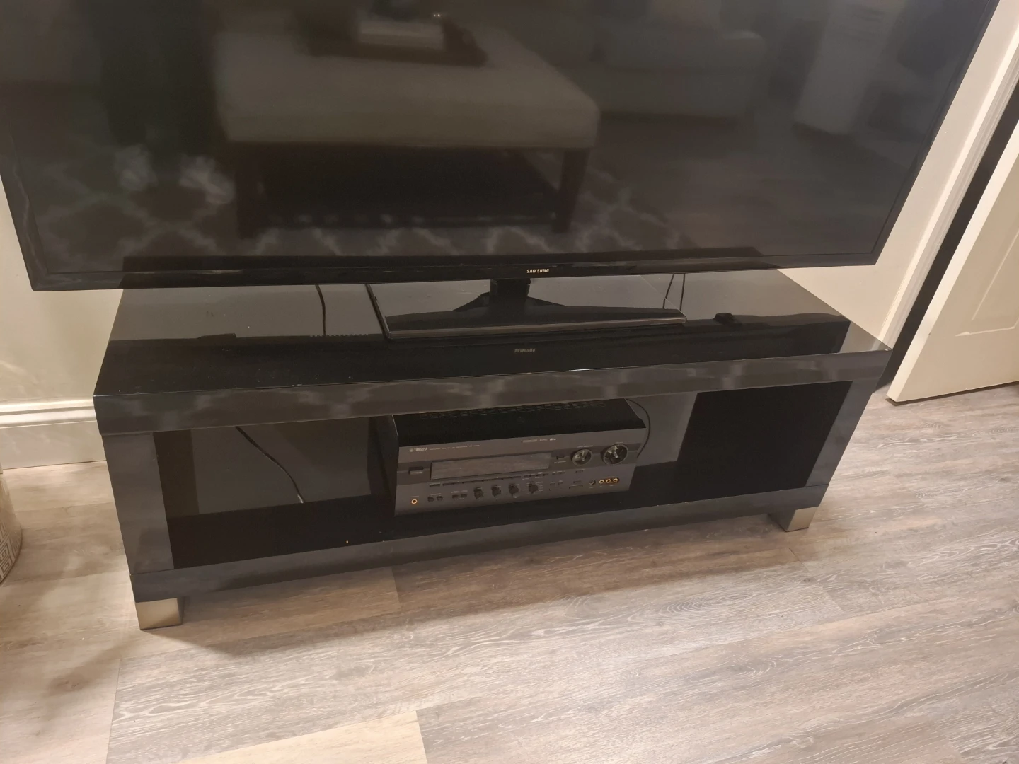 Black TV Stand & Blue Storage Ottoman