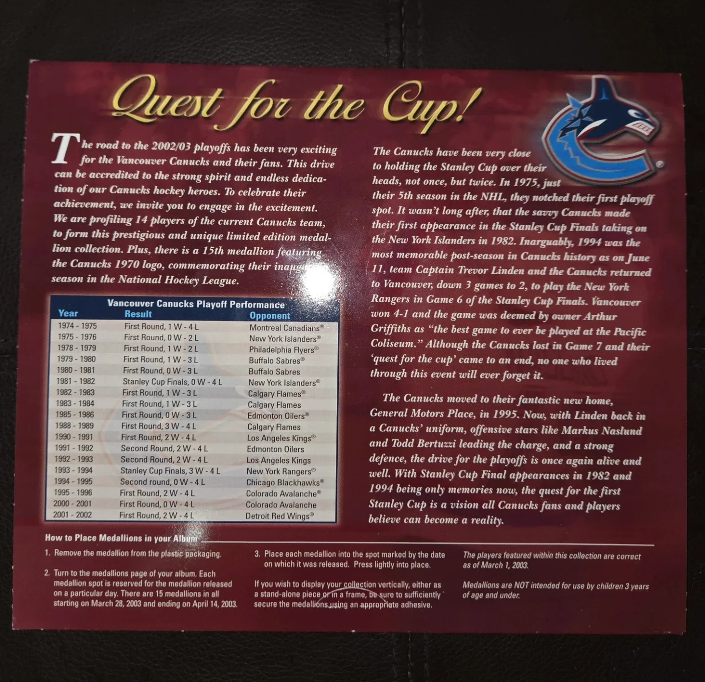 Vancouver Canucks 2002/03 Medallion Collection image indicator(3)