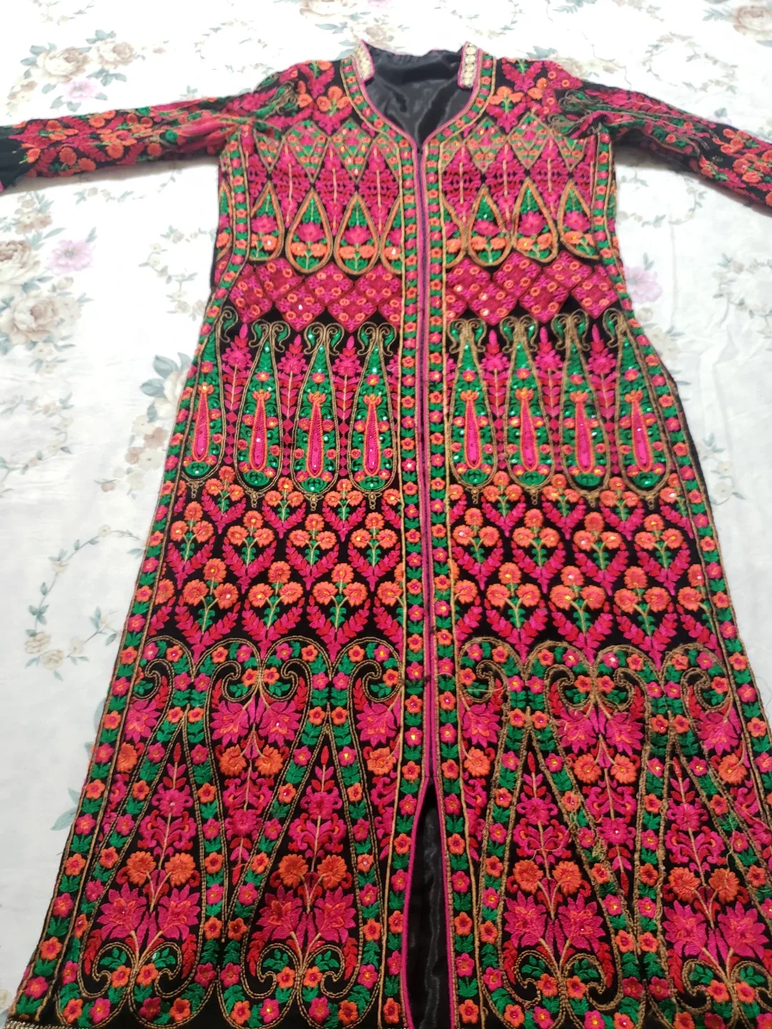 Embroidered Black kurta with hot pink salwar