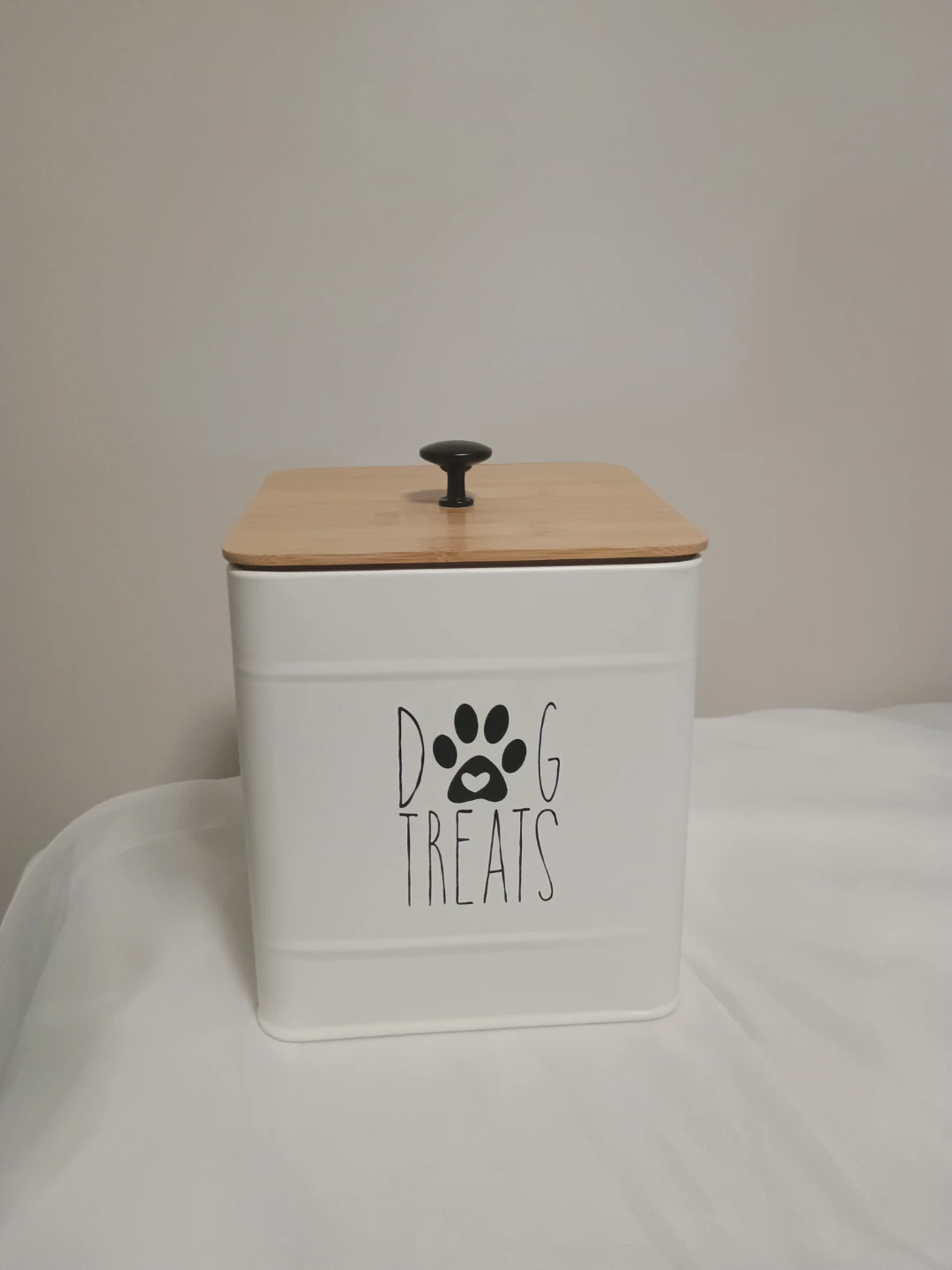 White Pet Treats Canister with Wood Lid