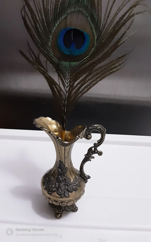 Vintage brass Vase with Peacock Feather