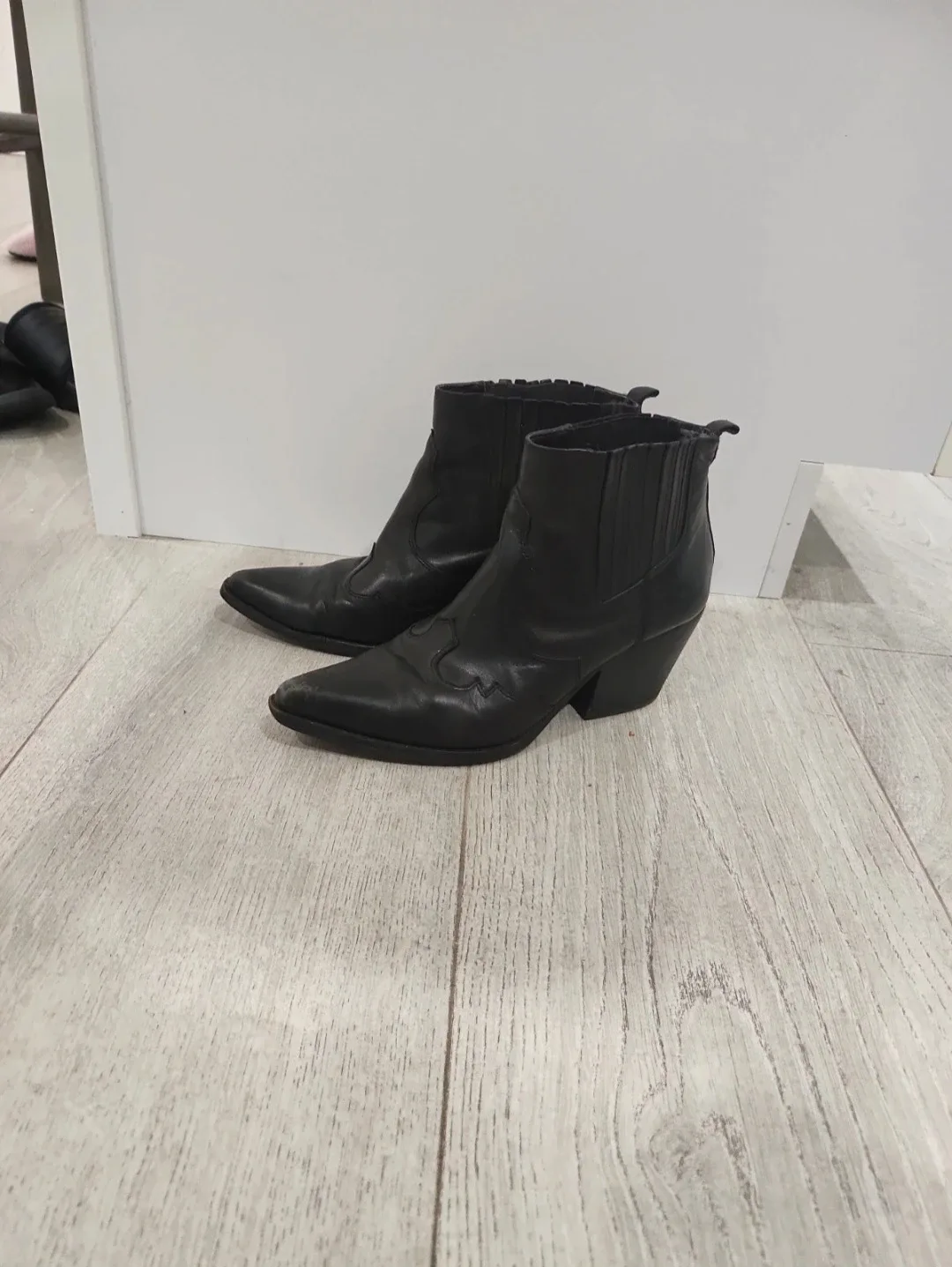 Black Leather Cowboy Ankle Boots