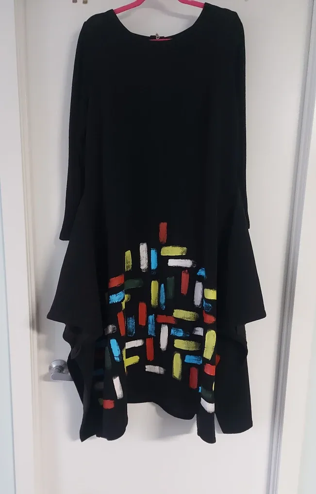 Black Long Sleeve Dress with Colorful Design image indicator(2)