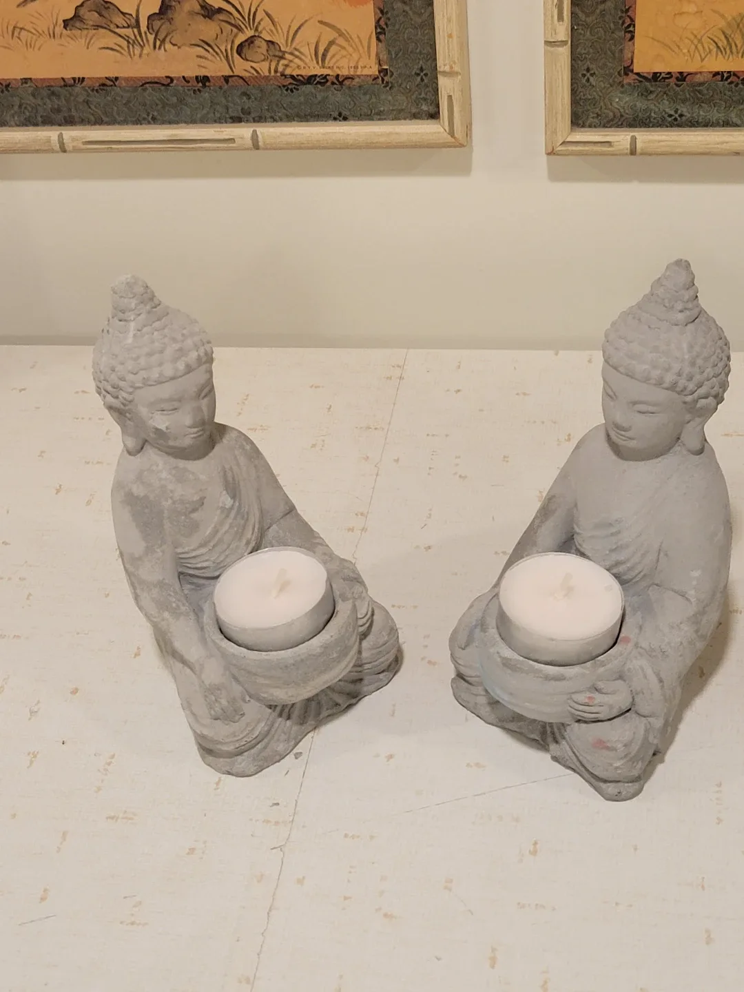 Two Cement Buddha Statue Candle Holders thumbnail