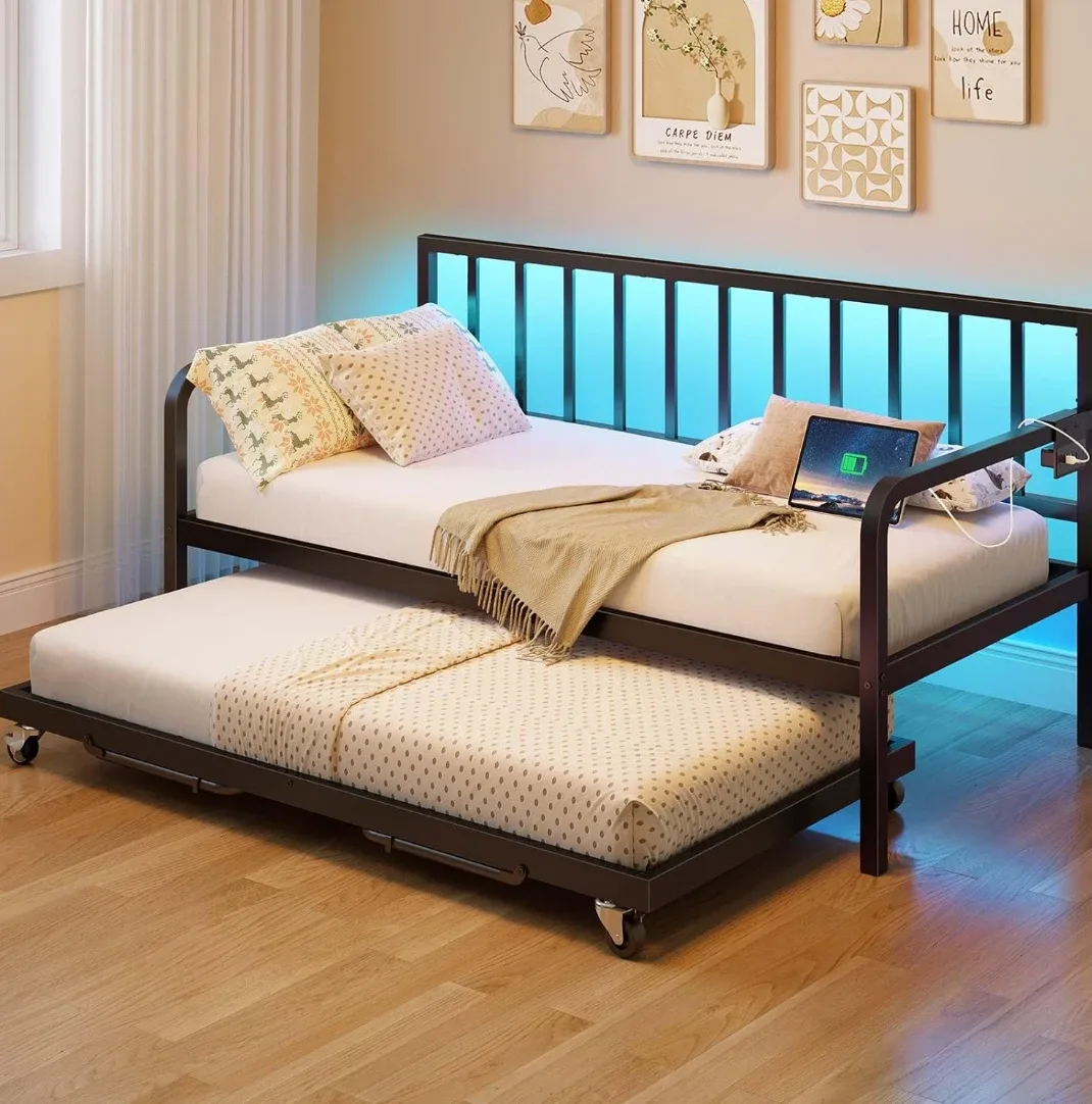 Metal Daybed Frame with Trundle & USB Ports