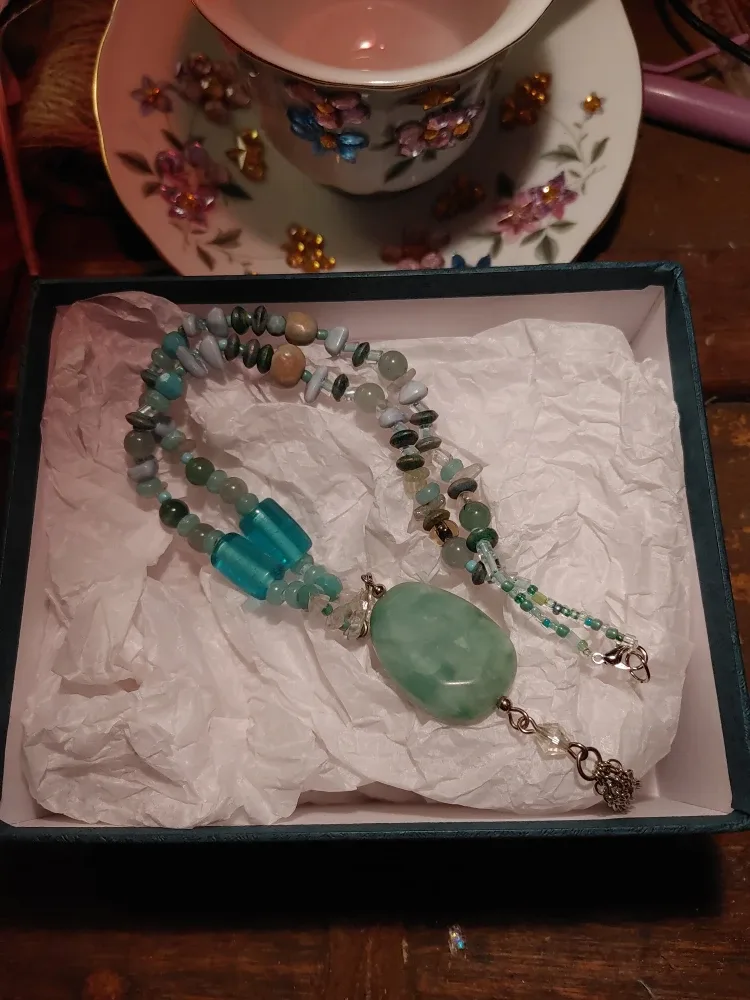 Beaded Necklace with Green Pendant