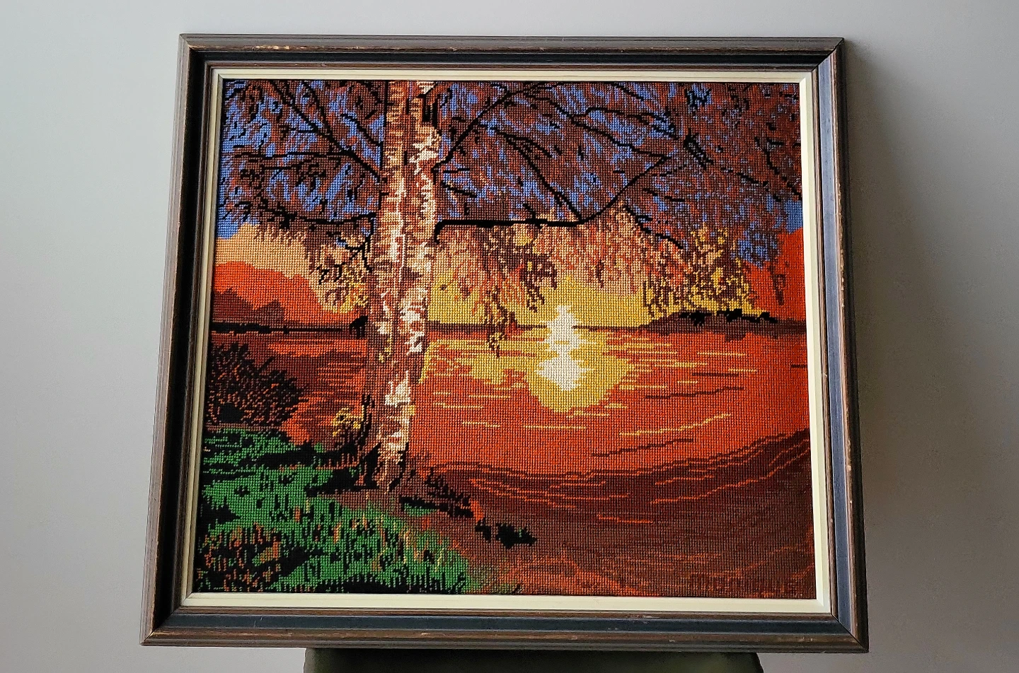 Framed Needlepoint Landscape Art. 27 x 23 inches