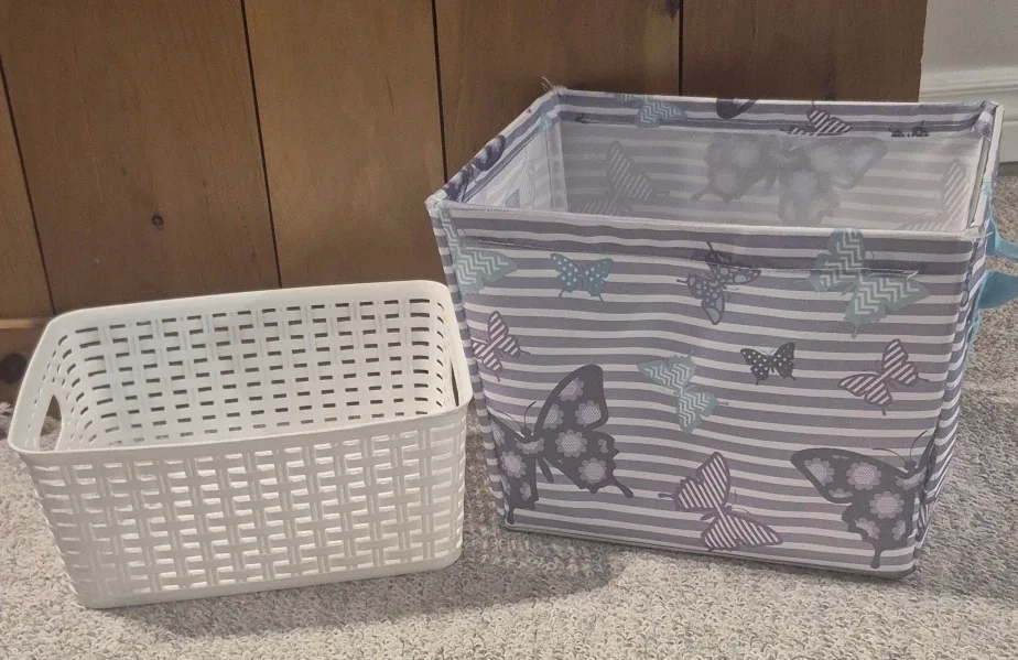 Two Storage Baskets - White and Butterfly Pattern