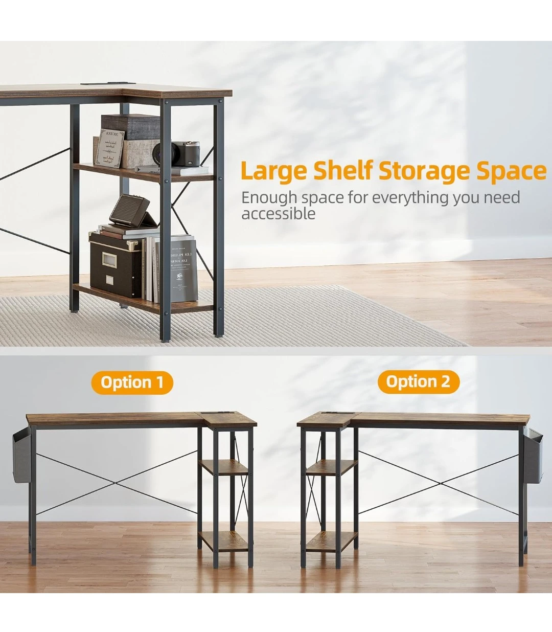 47" L-shaped desk with power outlets and reversible shelves - photo 5