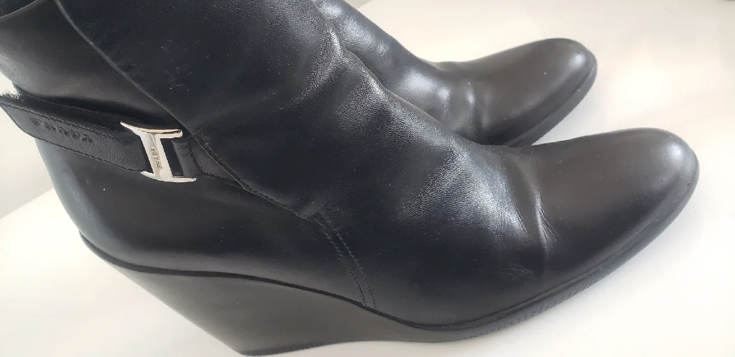 Prada Black Leather Wedge Boots Sz 38 image indicator(6)