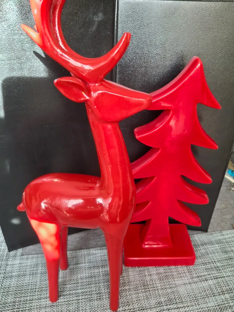 Red Ceramic  Deer and Christmas Tree Decoration