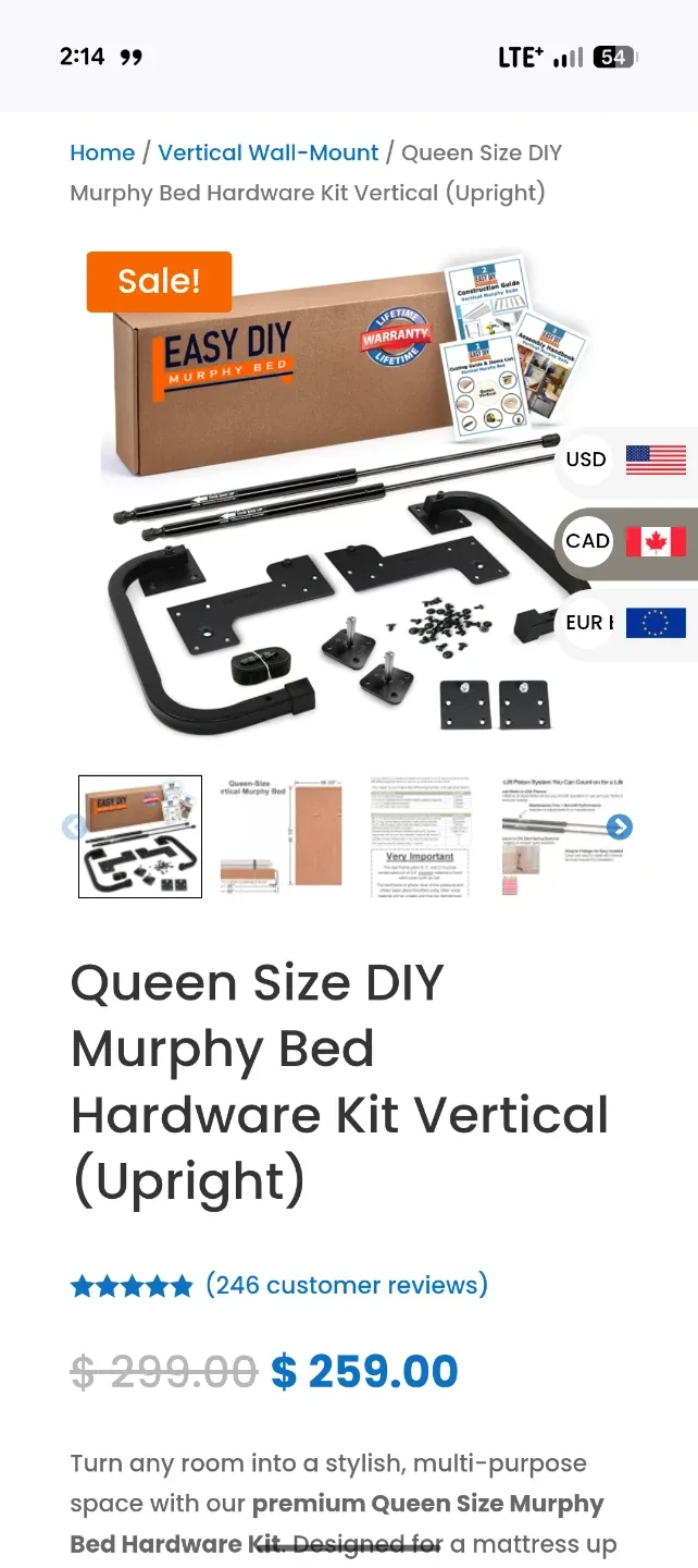 Easy DIY Murphy Bed Hardware Kit Vertical (Upright) thumbnail