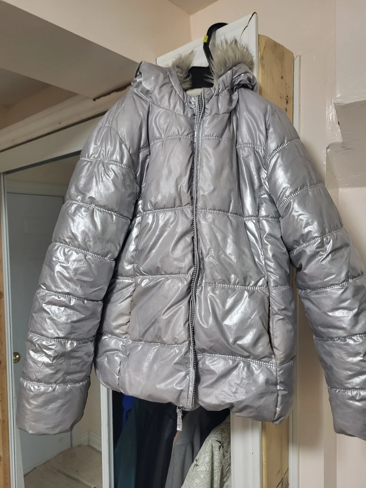 Silver Puffer Jacket with Faux Fur Hood