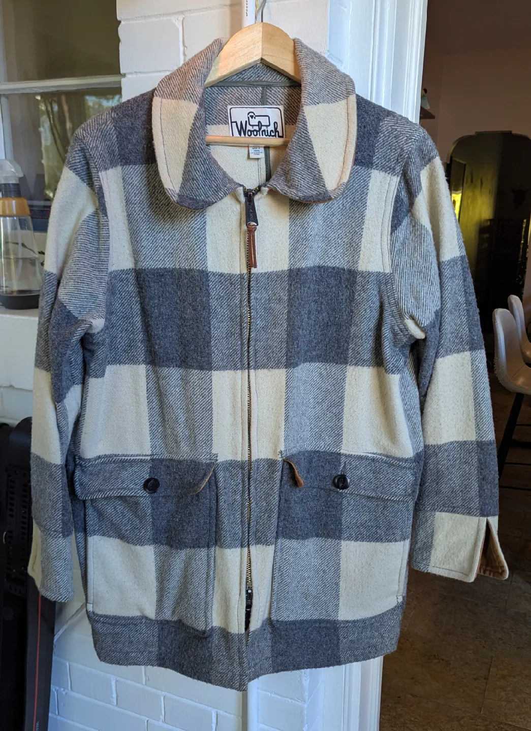 Woolrich Giant Buffalo Women's Plaid Ivory Grey Wool Coat, XL