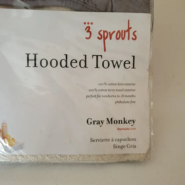 New Sprouts Gray Monkey Hooded Towel - New in Package! image indicator(2)