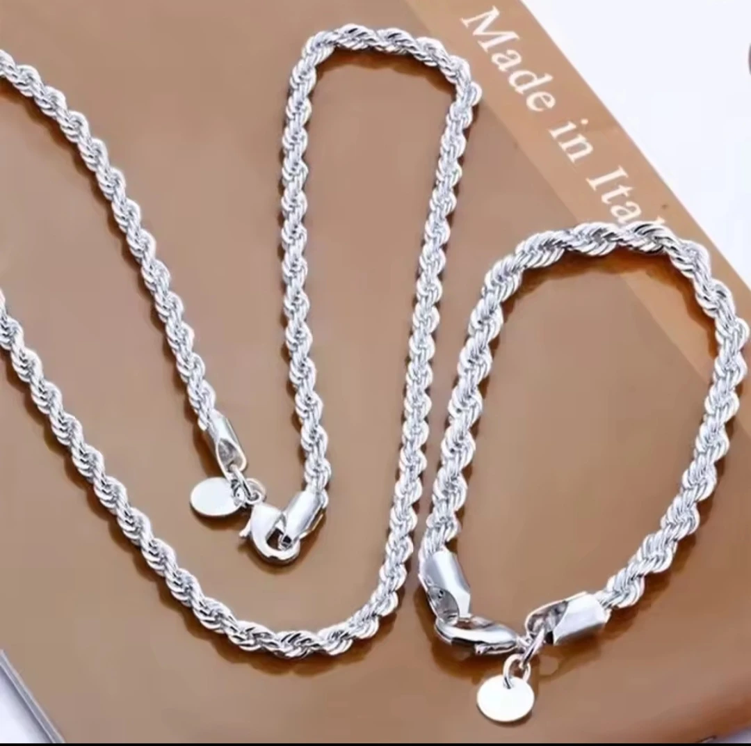 Silver Rope Chain Necklace & Bracelet Set