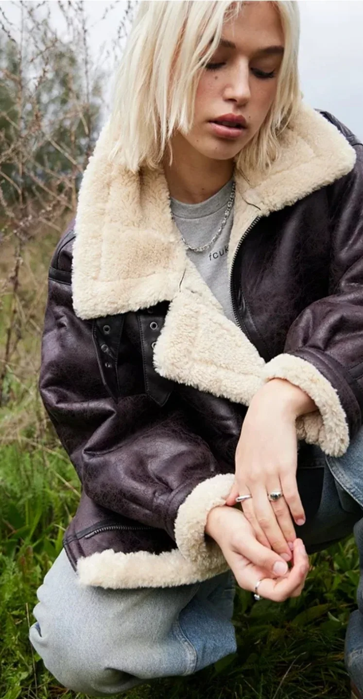 BDG Urban Outfitters Brown Faux Leather Shearling Aviator Coat image indicator(9)