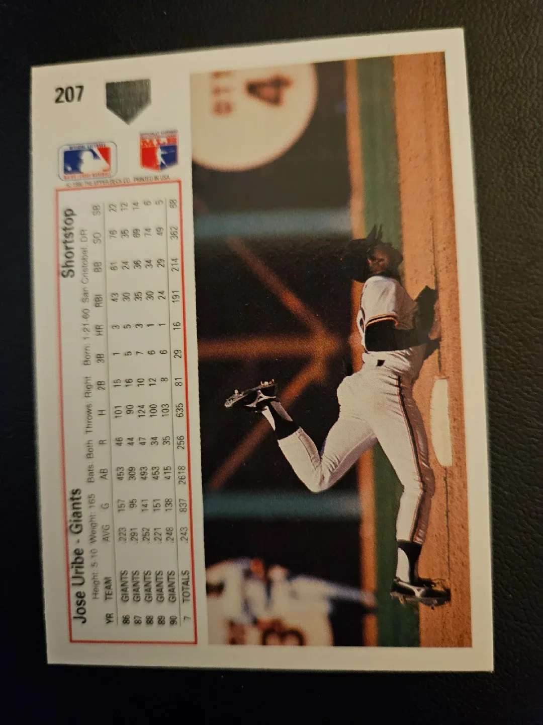 1991 Upper Deck Jose Uribe Baseball Card error card image indicator(2)