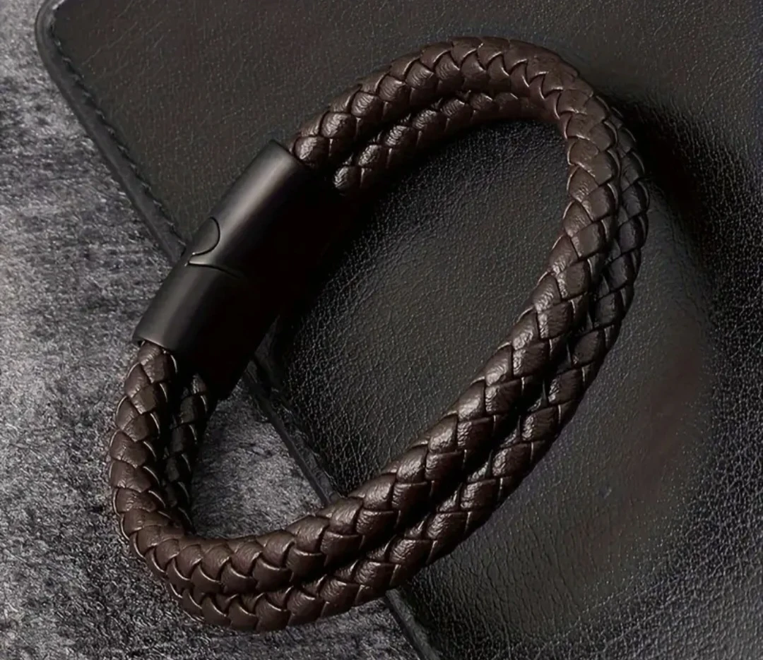 Brown Woven Leather Bracelet (8.27 in)