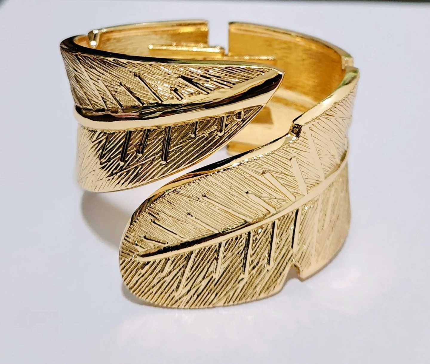Gold Feather Bangle Cuff Bracelet