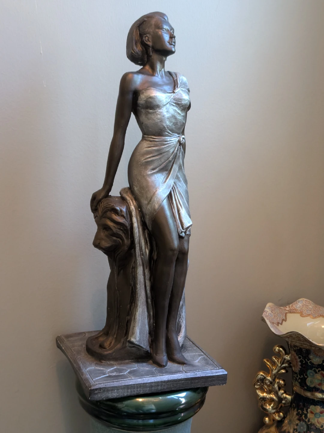 Art Deco Style Lady Statue on Decorative Pedestal