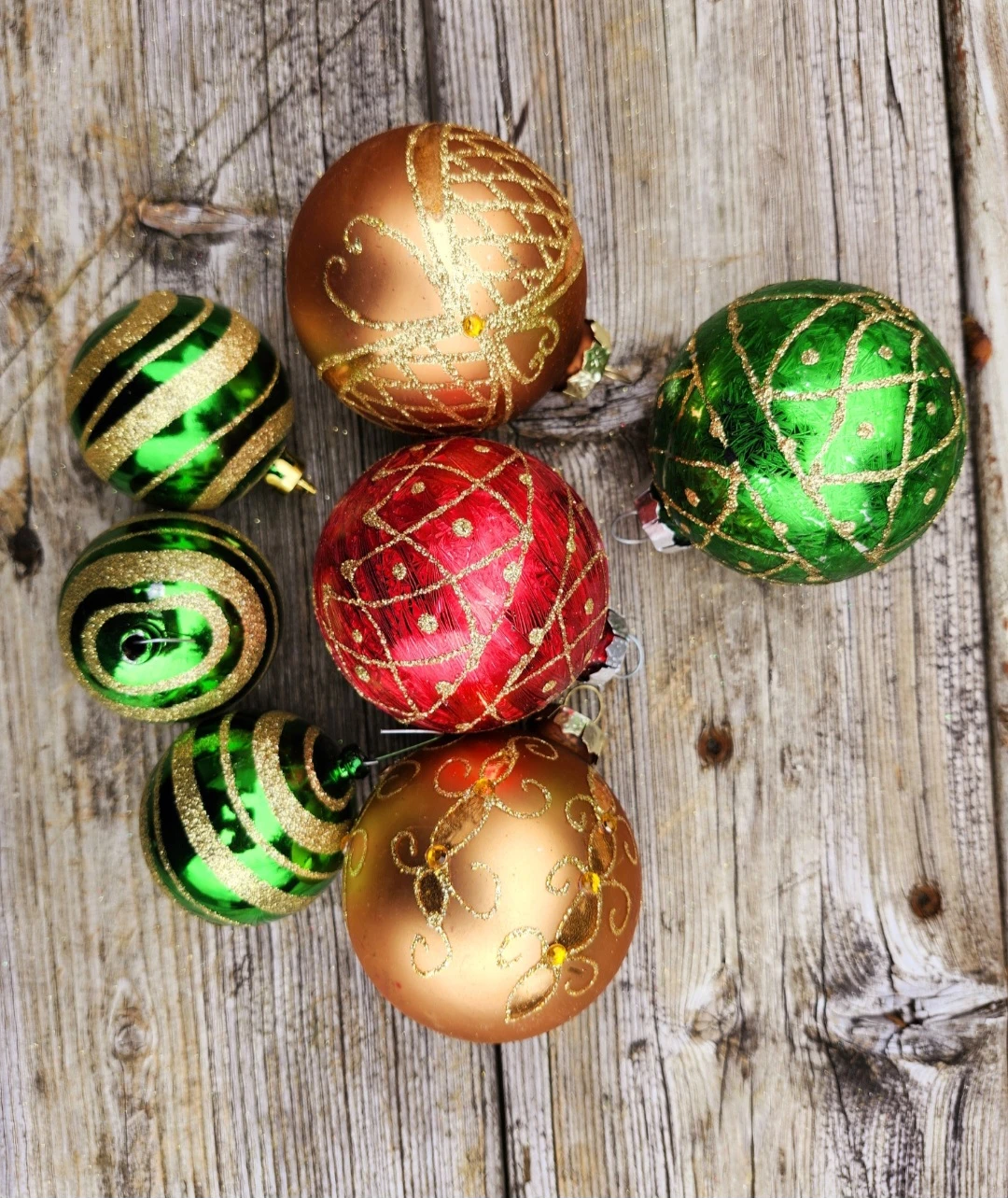 Painted decorative holiday ornaments.