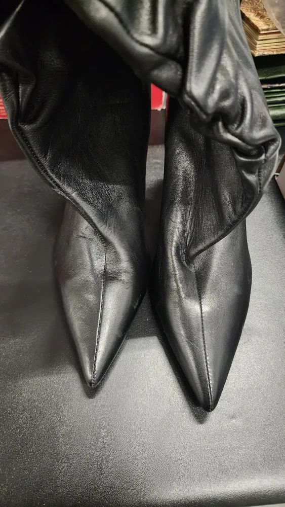 Zara Black Leather Heeled Boots - Size 38