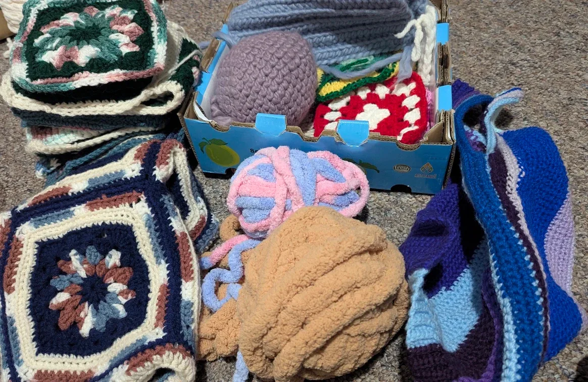 Assorted Crochet Squares & Yarn