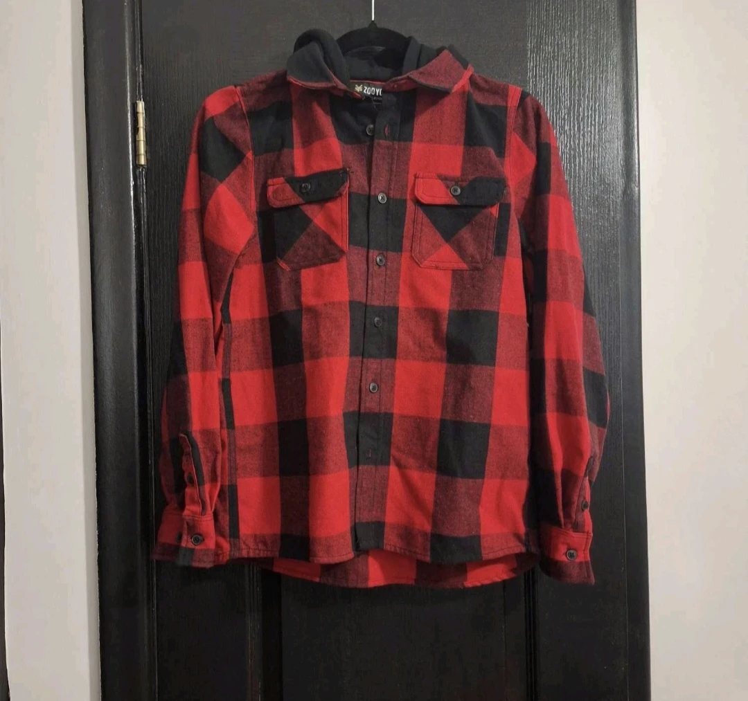 Zoo York Youth Flannel Hoodie - Red & Black, Size L (14)