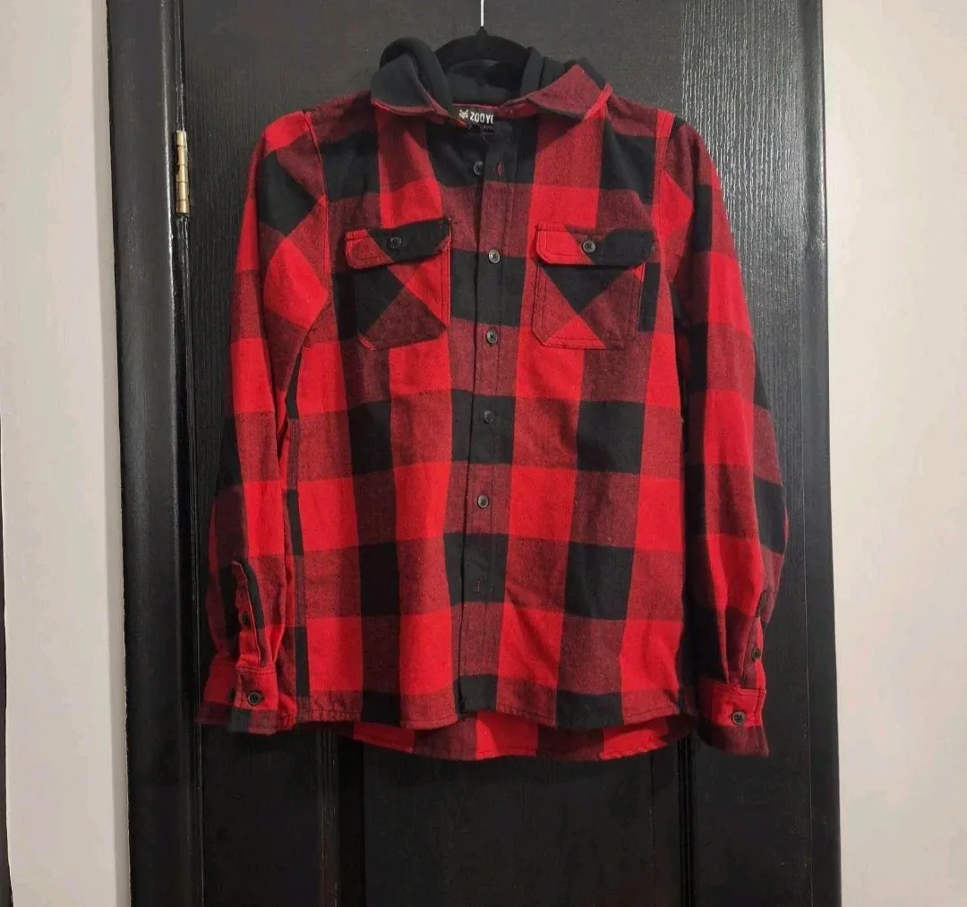 Zoo York Youth Flannel Hoodie - Red & Black, Size L (14)