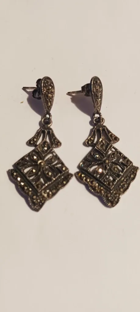 Vintage Sterling Silver 925 Marcasite Dangle Earrings image indicator(2)