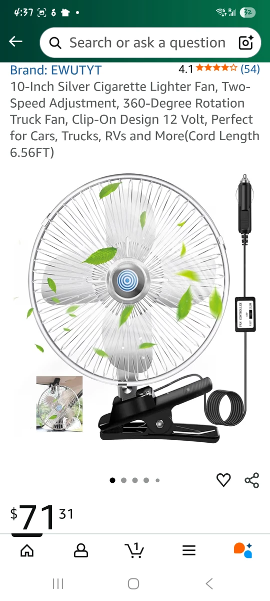 10-Inch Silver Clip-On Car Fan